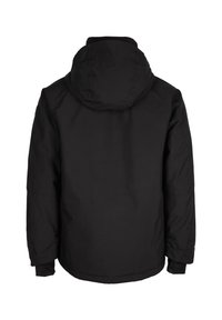Veste d'hiver noire avec capuche vue de dos, manches longues et un design simple et lisse.