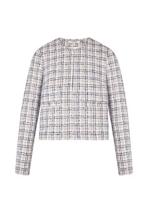 Chaqueta sin cuello de mujer con mangas largas, confeccionada en tejido de tweed a cuadros en beige, azul y negro, con bolsillos delanteros de solapa y botones.