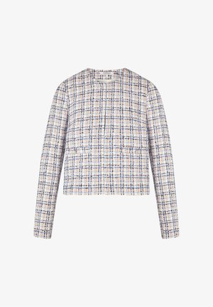 Chaqueta sin cuello de mujer con mangas largas, confeccionada en tejido de tweed a cuadros en beige, azul y negro, con bolsillos delanteros de solapa y botones.