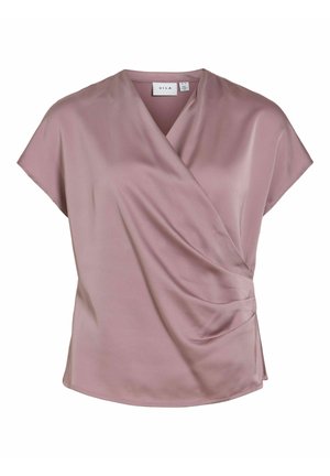 Blouse mauve à manches courtes avec col en V, design à enfiler et détail drapé subtil sur le côté droit, en tissu lisse.