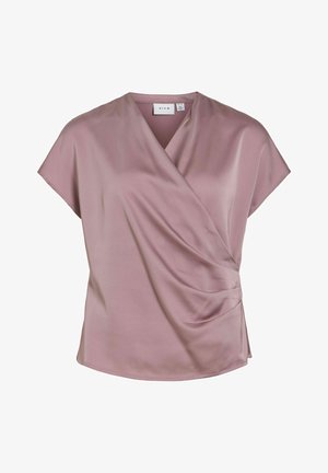 Blouse mauve à manches courtes avec col en V, design à enfiler et détail drapé subtil sur le côté droit, en tissu lisse.