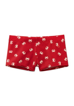 Shorts de bain rouges avec un motif de crabes blancs, taille élastique et texture lisse. Convient pour les activités aquatiques.