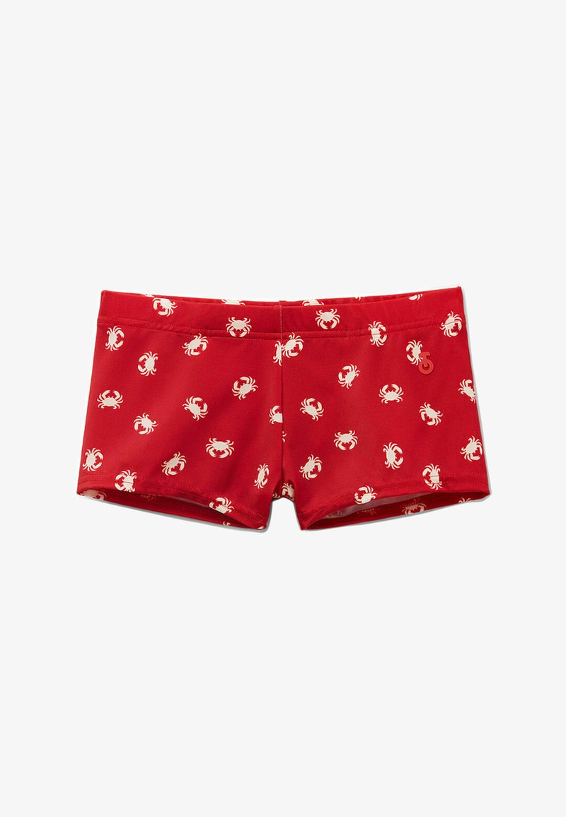 Rote Badeshorts mit einem Muster aus weißen Krabben, elastischem Bund und glatter Textur. Geeignet für Wasseraktivitäten.