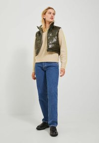 Gilet imbottito verde oliva sopra un maglione beige, abbinato a jeans blu e scarpe nere; presenta un colletto alto e una trama sottile.