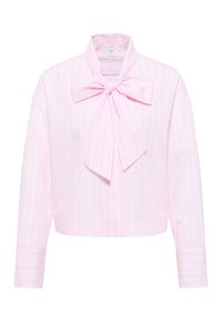 Blusa corta rosa chiaro con maniche lunghe, strisce bianche verticali e un grande fiocco al collo. Tessuto liscio con design strutturato.