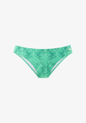 Groene bikinitop met een zigzagpatroon, gemaakt van gladde stof met een zachte textuur en een witte binnenvoering. Gouden logo-accent aan de zijkant.