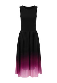 Robe noire sans manches avec un haut ajusté et une jupe fluide qui passe du noir au rose foncé puis au rose clair au niveau de l'ourlet.