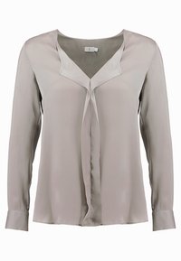 Blusa in satin grigio con maniche lunghe, scollatura a V, leggero dettaglio plissettato sul davanti e polsini con bottoni. Texture liscia e caduta elegante.