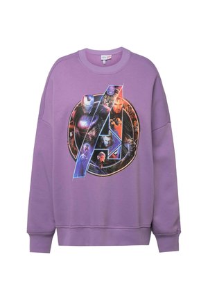 Sudadera púrpura hecha de una mezcla de algodón, con un estampado gráfico de los personajes de los Vengadores en un diseño circular en el centro.