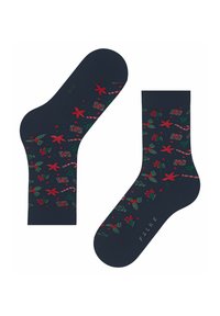 Ciemnoniebieskie skarpetki z kwiatowym i świątecznym wzorem w kolorze czerwonym i zielonym, wykonane z miękkiego materiału, z prążkowanymi mankietami i detalem logo.