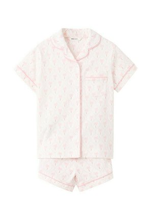 Pidžama kratkih rukava s gumbima, ovratnikom i džepom na prsima, s blijedo roza cvjetnim uzorkom te pripadajuće kratke hlače s roza obrubom.