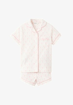 Krátke pyžamo na gombíky s golierom a náprsným vreckom, s jemným ružovým kvetinovým vzorom a zodpovedajúcimi nohavicami so svetloružovým lemom.