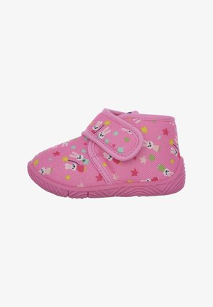 Chausson rose pour enfants avec motifs d’étoiles et de lapins et une large bride en Velcro pour faciliter la fermeture.