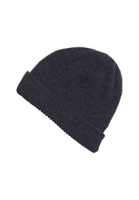 Dunkelblaues Strickmütze mit umgeschlagenem Saum, das ein strukturiertes Muster und weichen Stoff aufweist. Geeignet für die Freizeit in kühlerem Wetter.