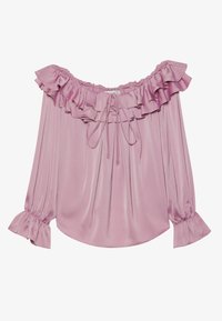 Blusa rosa off-the-shoulder con scollo arricciato e maniche lunghe. Presenta polsini arricciati e una chiusura con laccio sul davanti. Realizzata in tessuto satinato.