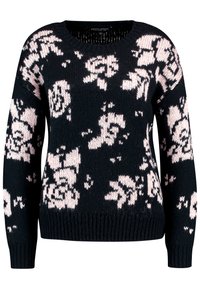 Svart stickad tröja med ljusrosa blommönster, långa ärmar och rund halsringning.