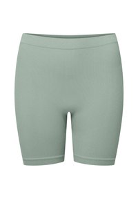 Miętowe szorty z ribbowanej tkaniny o dopasowanym kroju, z gładką talią i zagiętymi krawędziami. Bez widocznych zapięć ani wzorów.