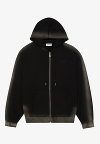 Felpa nera con cappuccio, finitura sfumata, chiusura frontale con zip, tasche a marsupio e logo ricamato sul petto. Materiale in misto cotone.