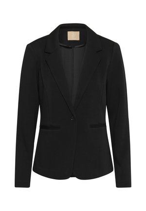 Juodas švarkas su pritaikytu siluetu, išpjautomis sagomis, vieno mygtuko uždarymu, dviem priekinėm kišenėm ir glotnia tekstūra.