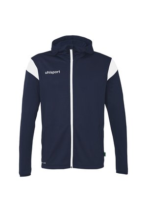 Navy zip-up jacket with white accents on shoulders, hooded design, made from soft fabric, featuring a logo on the chest and side pockets.