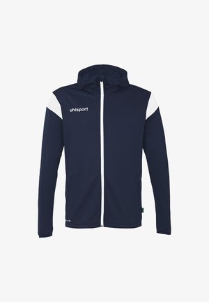 Marinekleurige zip-up jas met witte accenten op de schouders, met capuchon, gemaakt van zacht materiaal, voorzien van een logo op de borst en zijzakken.