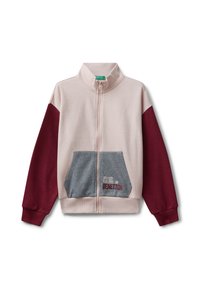 Giacca con zip di un rosa chiaro, maniche bordeaux e tasca grigia. Presenta il logo ricamato “United Colors of Benetton” sulla tasca.