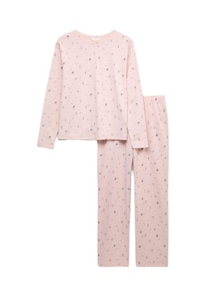 Satin pyjamasæt i blød rosa med en langærmet skjorte og matchende bukser. Har et gentaget blomstermønster med legesyge detaljer.