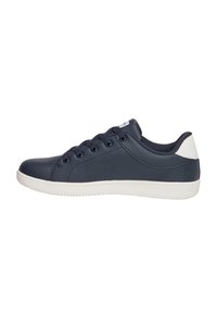 Sneakers blu navy con sottopiede sintetico liscio, dettagli bianchi sul tallone, design con sei occhielli per lacci e suola in gomma testurizzata.