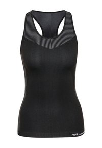 Zwarte sport tanktop gemaakt van rekbare stof, met meshpanelen, racerback ontwerp, en een aansluitende silhouet met logo-detail aan de zoom.