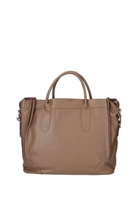 Borsa a mano in pelle marrone con doppio manico, tracolla rimovibile e texture liscia, dal design strutturato e chiusura con zip.