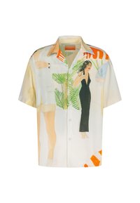 Korte mouw shirt met een kleurrijk gedrukt ontwerp van figuren en palmbladeren, met een knoopsluiting aan de voorkant en een casual pasvorm.