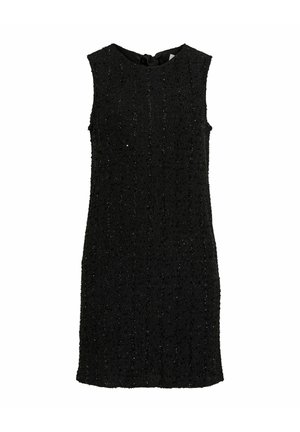 Czarna sukienka koktajlowa bez rękawów z delikatnym połyskiem, z okrągłym dekoltem, prostym krojem i długością do kolan.