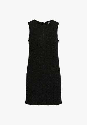 Ujjatlan fekete koktélruha finom csillogó textúrával, kerek nyakkivágással, egyenes szabású, térdig érő.