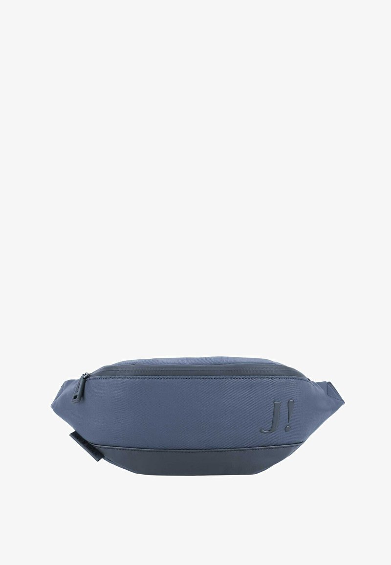 Blue fabric fanny pack with a smooth texture, featuring a zippered main compartment and a logo accent on the side. Compact and streamlined design.