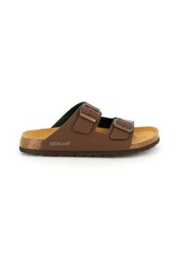 Infradito marrone con due cinturini regolabili, piedi in sughero e suola in gomma testurizzata. Presenta un design curvo e il logo GRÜNLAND.