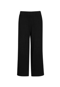 Pantalons noirs à jambes larges en tissu doux, avec une taille élastique et sans poches, présentant une texture lisse et un design simple.