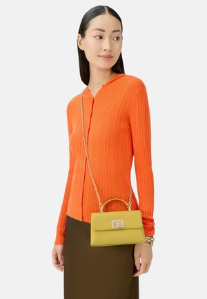 Cardigan arancione a coste con bottoni, abbinato a una borsa verde-gialla con chiusura dorata e tracolla a catena. Gonna marrone visibile.