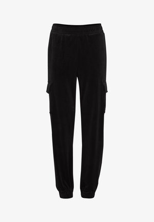 Black cargo pants made from soft, plush fabric. Features elastic waistband and cuffs, with side pockets and a smooth texture.