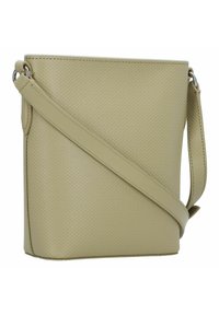 Borsa a tracolla beige chiaro realizzata in materiale sintetico testurizzato, con una forma piatta, tracolla regolabile e design minimalista.