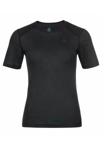 Zwart shirt met korte mouwen en een ronde halslijn, van gladde stof, met raglanmouwen en een klein logo op de borst.