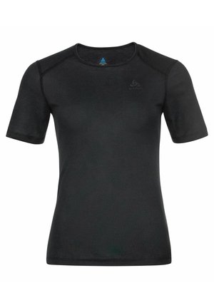 Schwarzes kurzärmeliges Hemd mit Rundhalsausschnitt, glattem Material, Raglanärmeln und kleinem Logo auf der Brust.