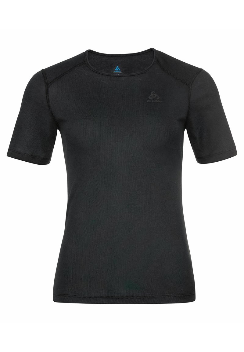 Zwart shirt met korte mouwen en een ronde halslijn, van gladde stof, met raglanmouwen en een klein logo op de borst.