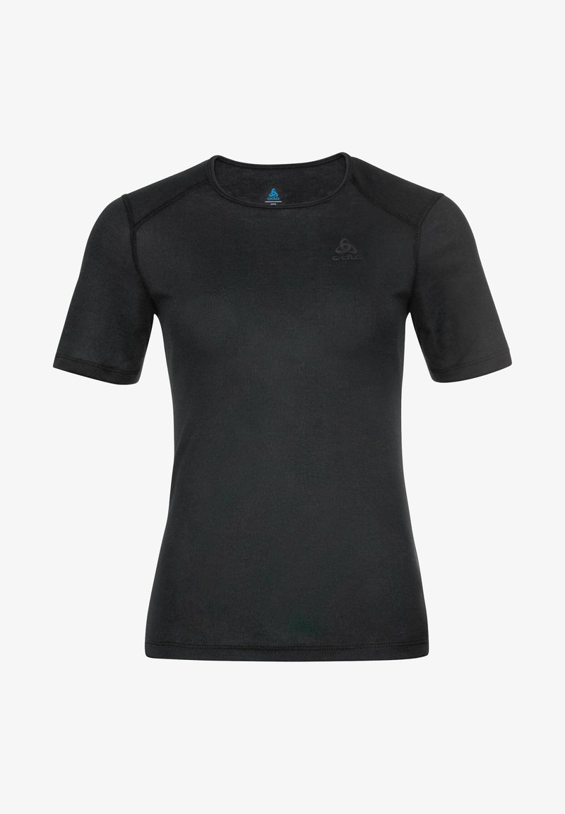 Zwart shirt met korte mouwen en een ronde halslijn, van gladde stof, met raglanmouwen en een klein logo op de borst.
