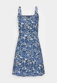 Blaues Blumenkleid aus Stoff mit rundem Ausschnitt und dünnen Trägern. Es zeigt ein Muster aus blauen und weißen Blumen auf einem dunkelblauen Hintergrund.