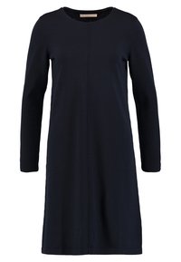 Navyblaues Langarmkleid mit Rundhalsausschnitt, gerade geschnitten und mit sichtbaren Nahtdetails. Aus einem weichen Stoff gefertigt.