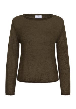 Pull en tricot vert olive foncé à manches longues avec col rond, tissu légèrement texturé et étiquette de marque "Saint" à l'intérieur du col.