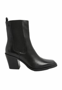 Stivale in pelle nera alla caviglia con punta quadrata, pannelli laterali elasticizzati e un tacco largo e alto. Texture liscia con un design elegante.