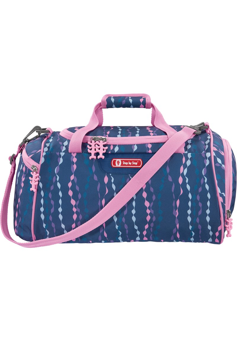 Duffle bag with a dark blue body featuring a wavy pattern in pink, purple, and teal. Includes pink handles, shoulder strap, and zipper pulls.