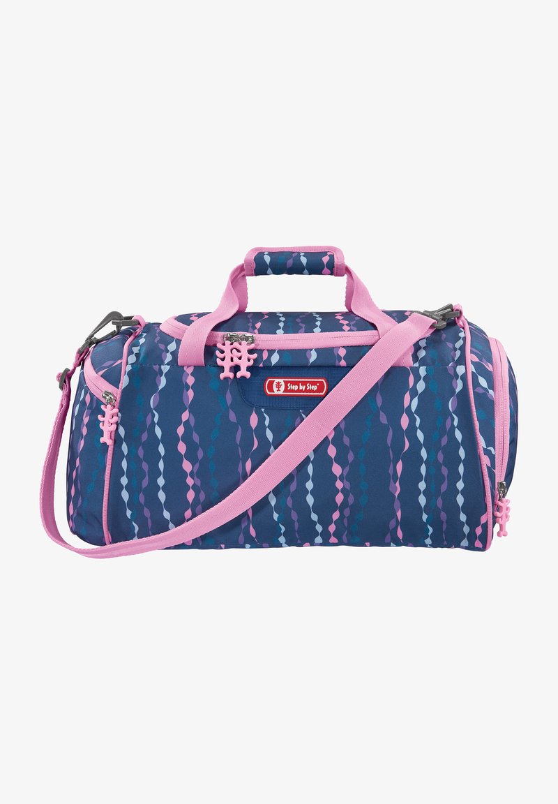 Duffle bag with a dark blue body featuring a wavy pattern in pink, purple, and teal. Includes pink handles, shoulder strap, and zipper pulls.