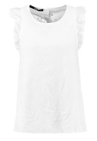Top bianco senza maniche con ricami floreali e spalle arricciate, caratterizzato da un collo rotondo e un design morbido.